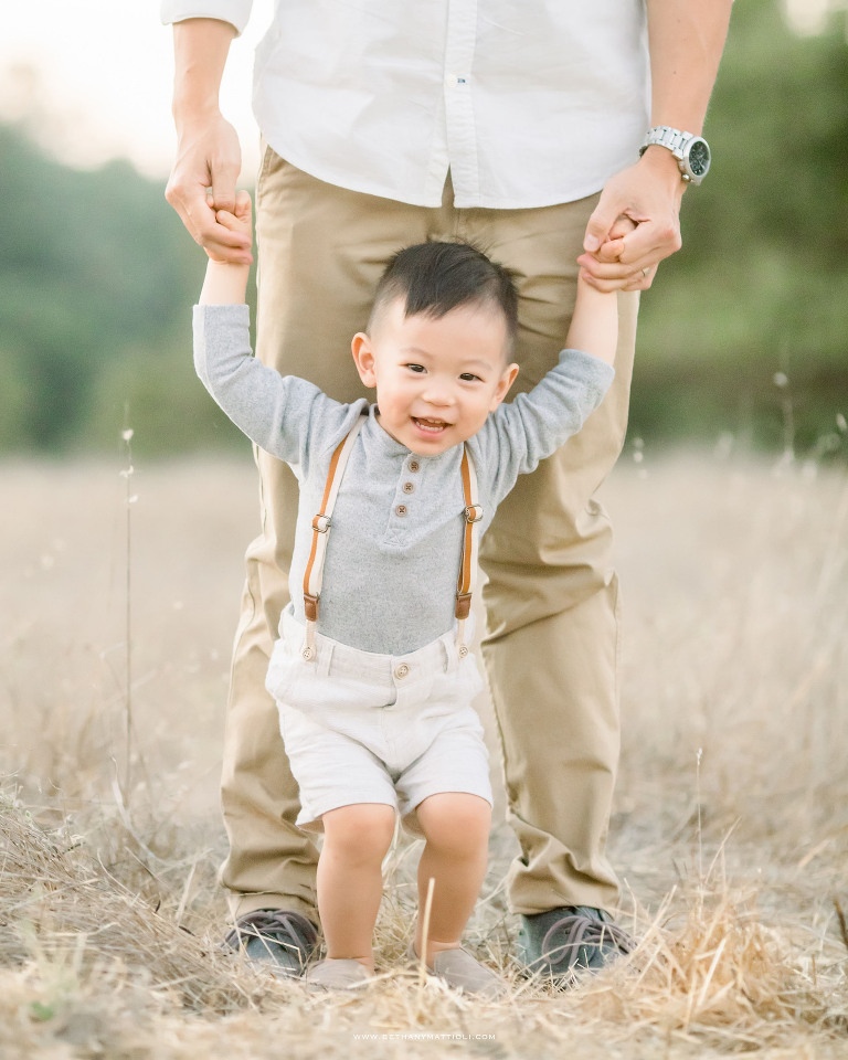 Smiling Toddler Boy in Suspenders | Bay Area Children Photographer